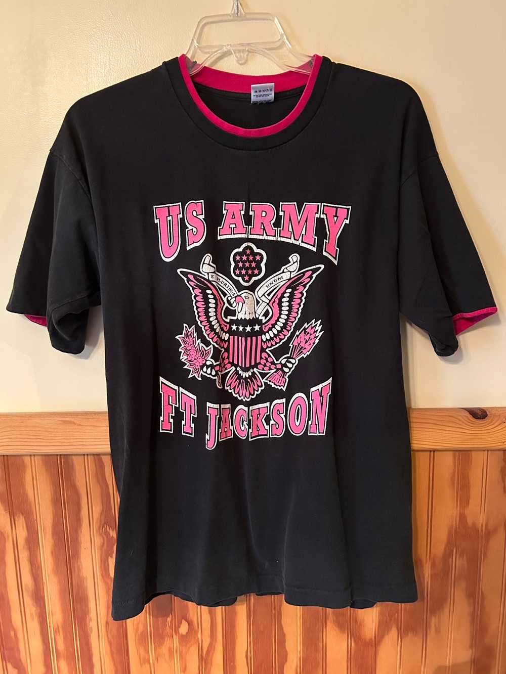 Vintage Fruit of the Loom Black Tee with Pink US Army Ft Jackson Graphic